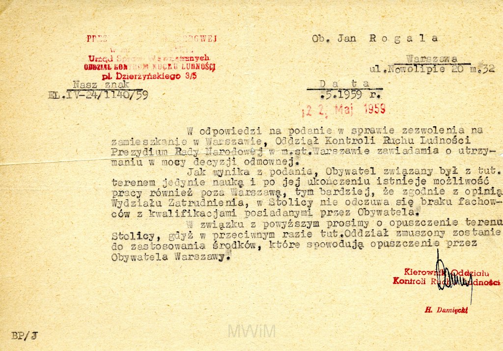 KKE 5865.jpg - Dok. Potrzymanie decyzji wystawionej przez Prezydium Rady Narodowej dla Jana Rogala dotyczące utrzymania poprzedniej decyzji, Warszawa, 22 V 1959 r.